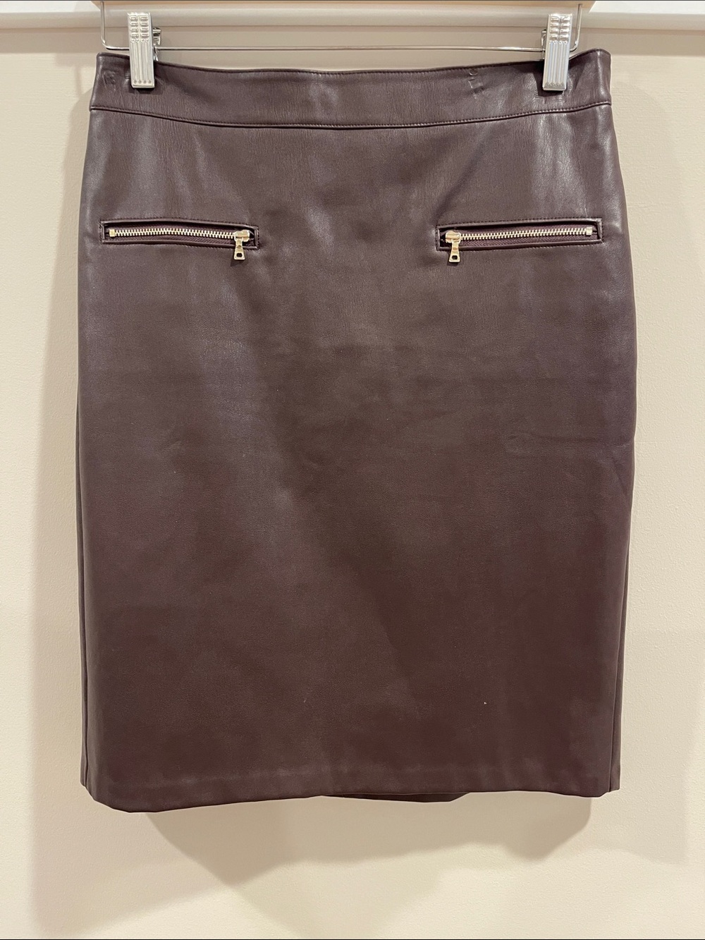 LOFT Faux Leather Pencil Skirt in Dark Brown with Gold Zippers